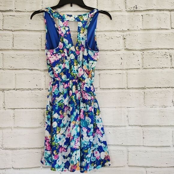 Lush Blue Floral Sleeveless Faux Wrap Dress - Picture 10 of 12